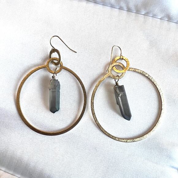 Gold-Tone Round Quartz Stone Hoop Earrings - Picture 1 of 10